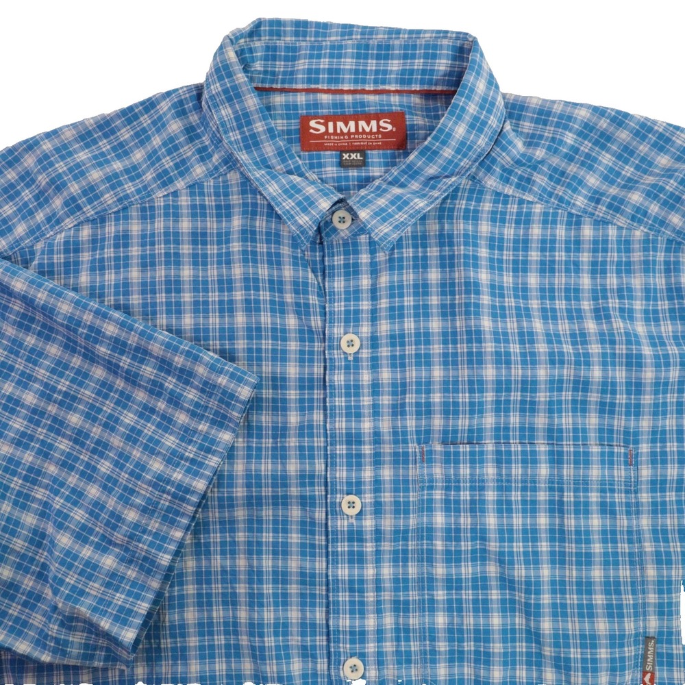 Simms Fishing Shirt Plaid Performance Quick Dry Blue Nylon Men XXL EUC